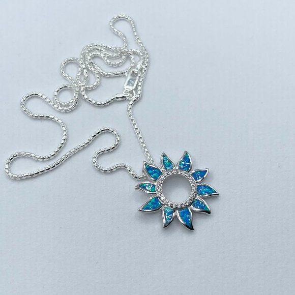 Jewelry Sunflower Lab Blue Opal Cz Sterling Silver Necklace Sunflower